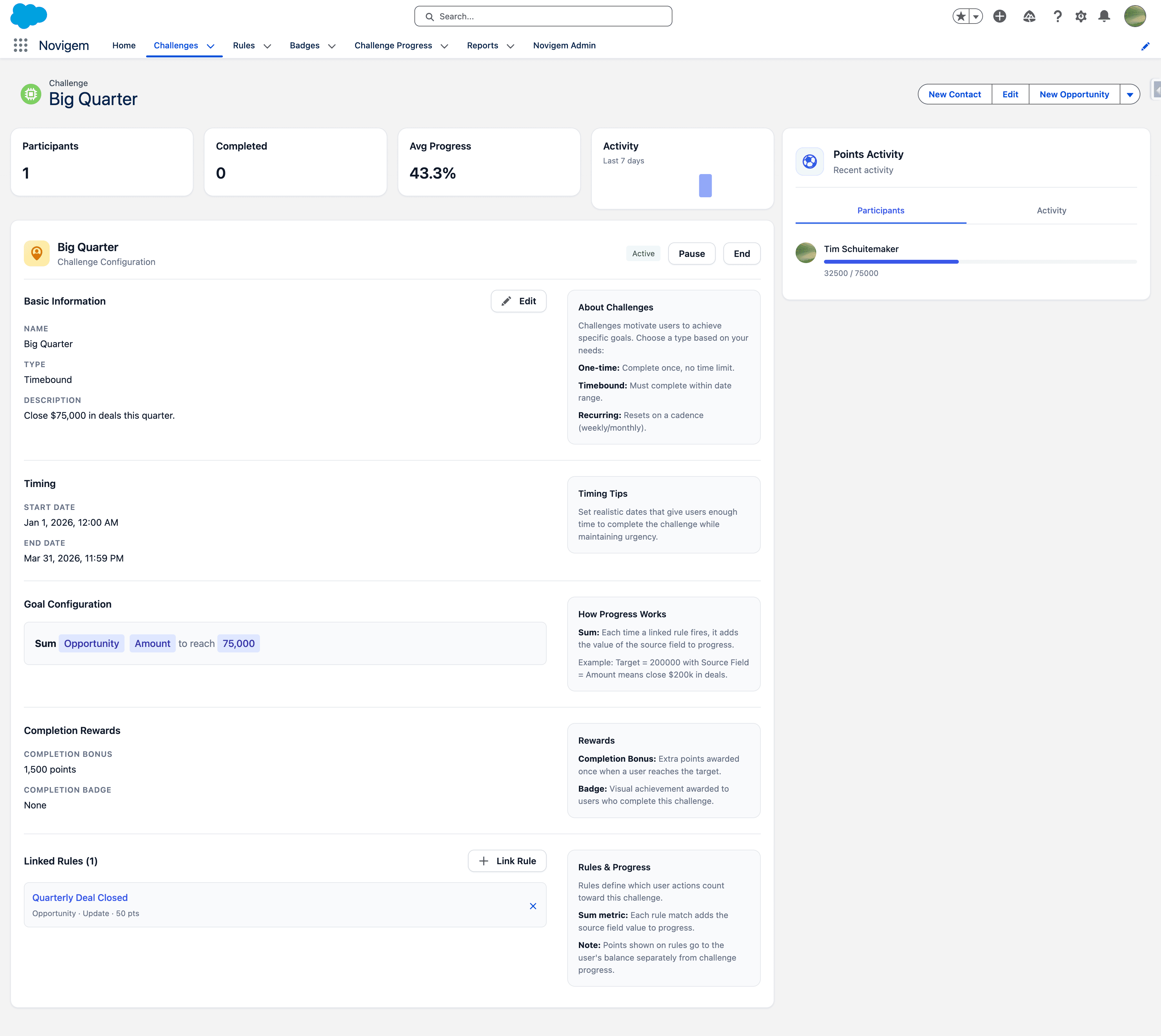 Challenge builder showing Big Quarter challenge with progress tracking