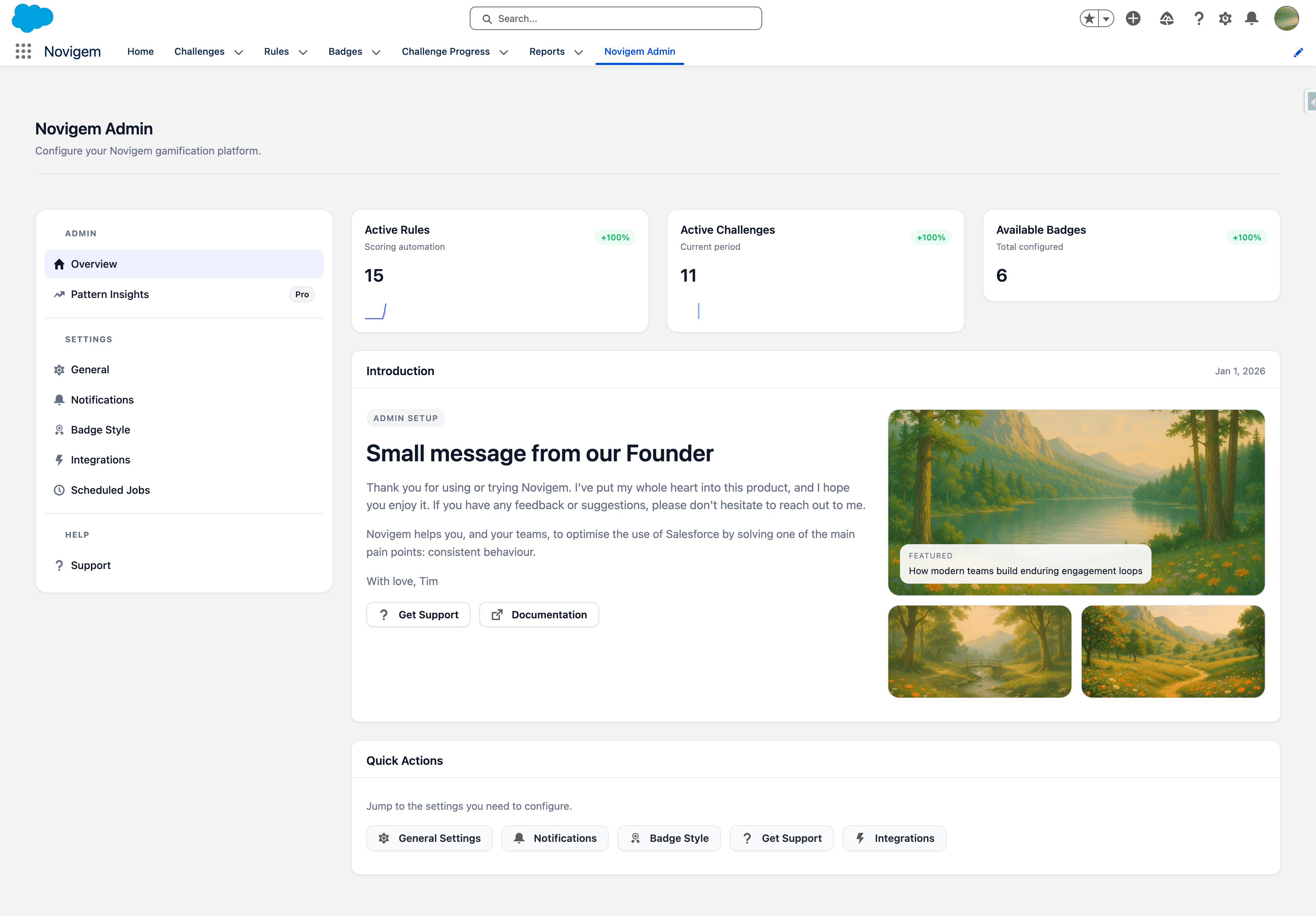 Novigem admin dashboard showing active rules, challenges, and badges overview