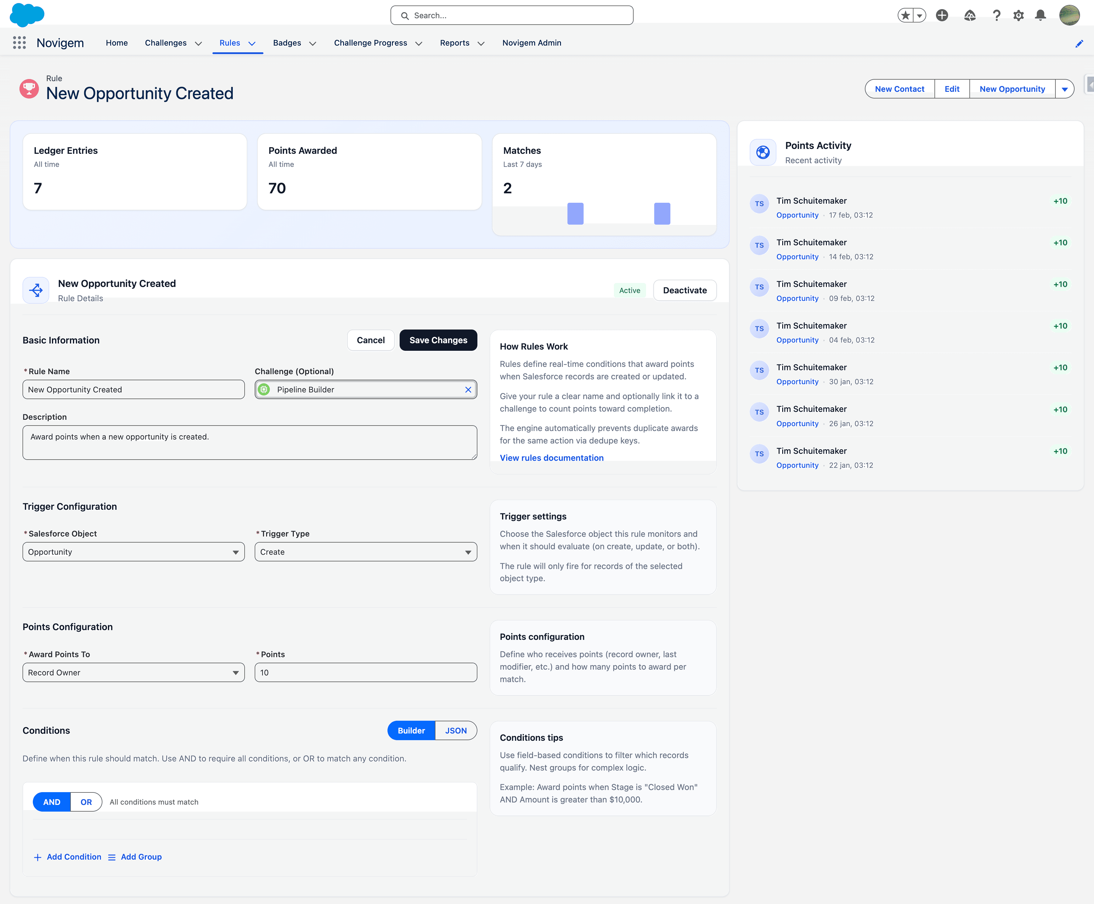 Rule builder showing trigger configuration and points settings